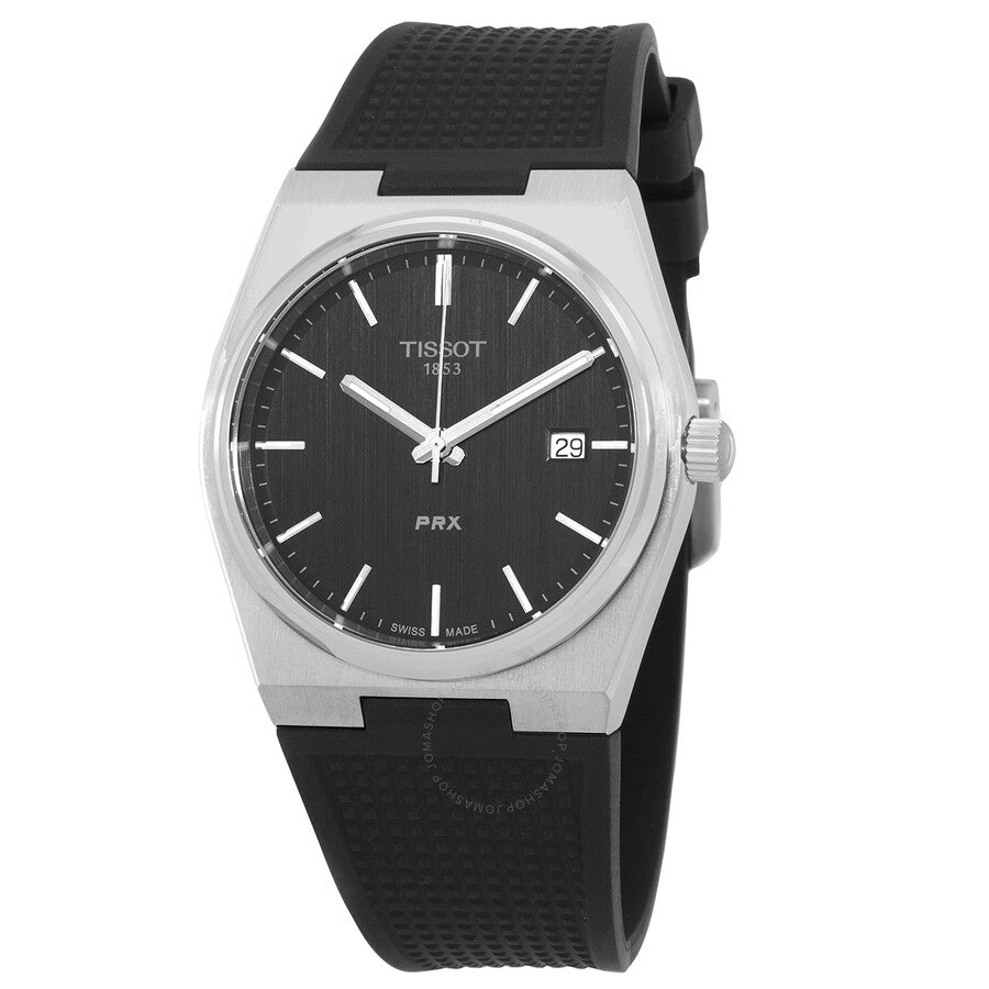 Tissot PRX quartz watch with black dial and stainless steel case on black rubber strap