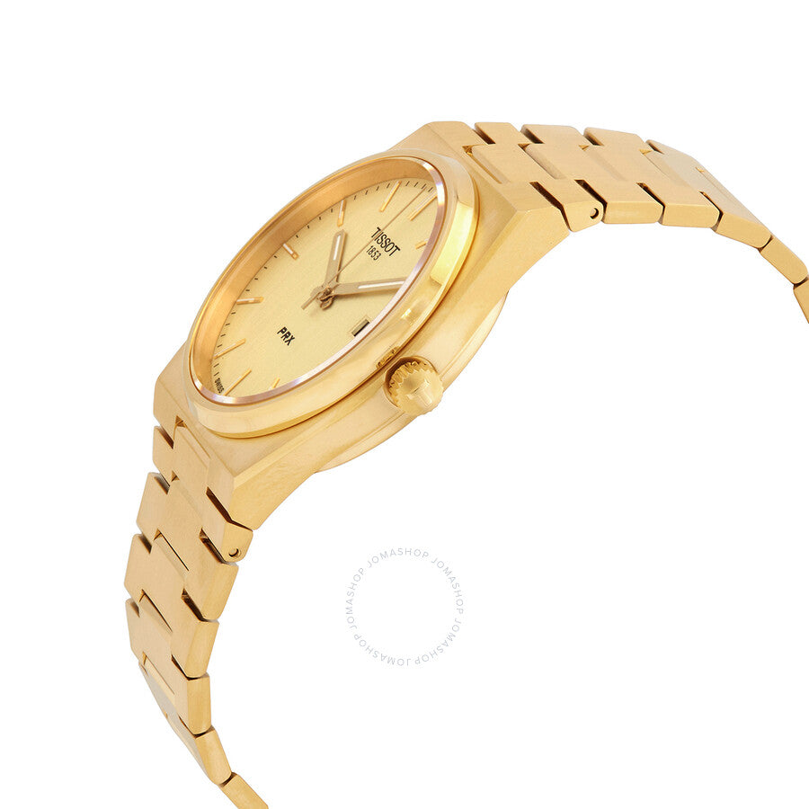 Side angle view of Tissot PRX watch with gold-tone case and bracelet