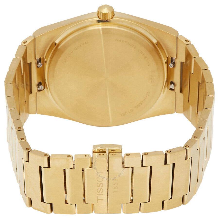 Case back view of Tissot PRX watch showing gold-tone stainless steel