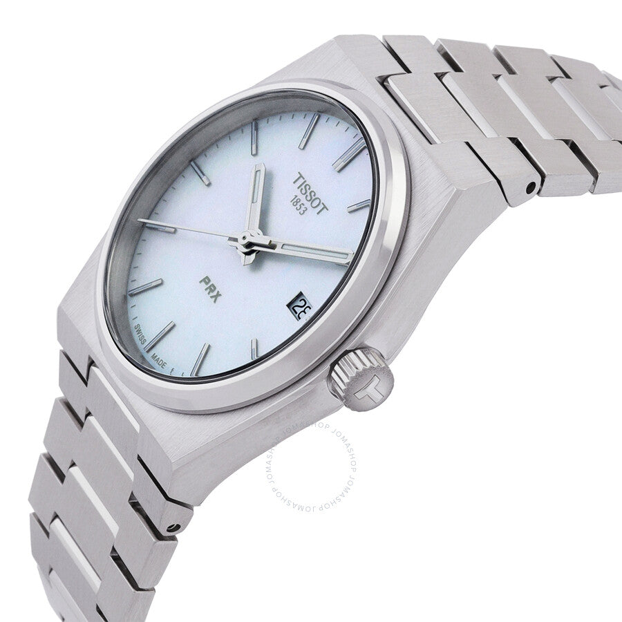 Tissot PRX ladies watch angle view showing white dial, applied indices, and stainless steel bracelet