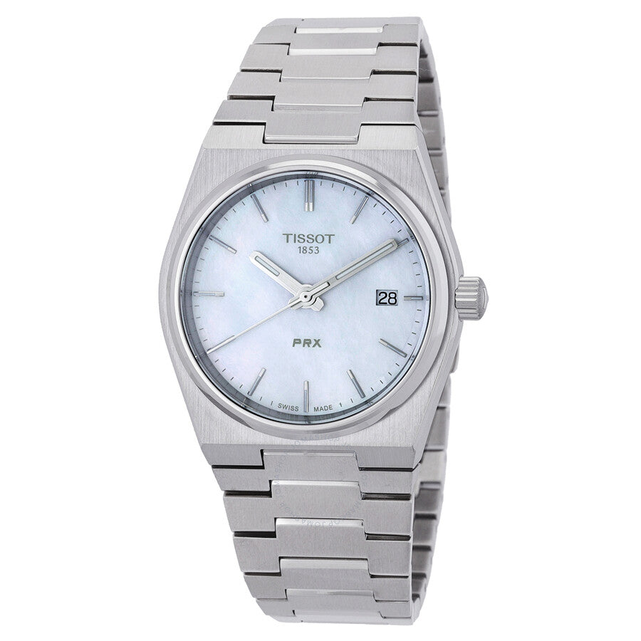 Tissot PRX stainless steel ladies watch with white mother of pearl dial and date window