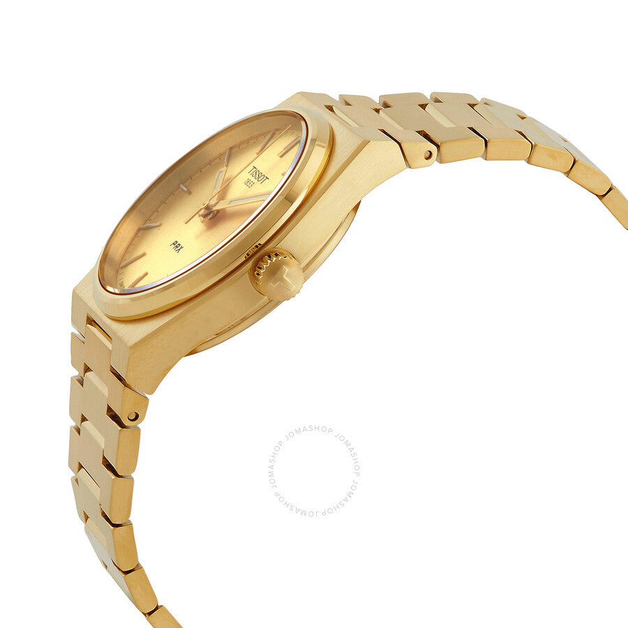 Tissot PRX watch side profile showing gold-tone case and bracelet