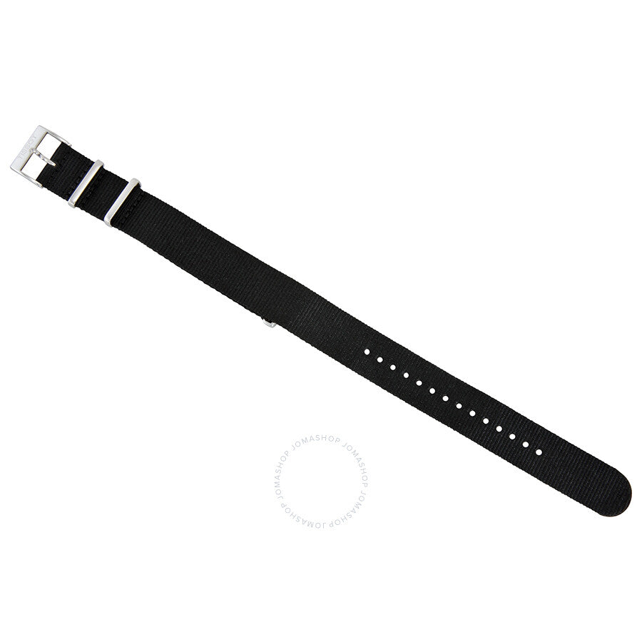 Orange and black striped synthetic nylon NATO-style strap with silver-tone buckle for Tissot Quickster