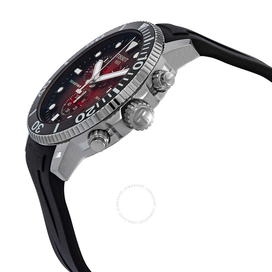 Side angle view of Tissot Seastar 1000 Chronograph showing case profile, rotating bezel, and chronograph pushers