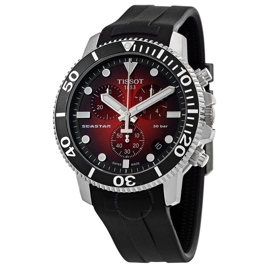 Tissot Seastar 1000 Chronograph with red gradient dial, white chronograph hands, stainless steel case and black rubber strap