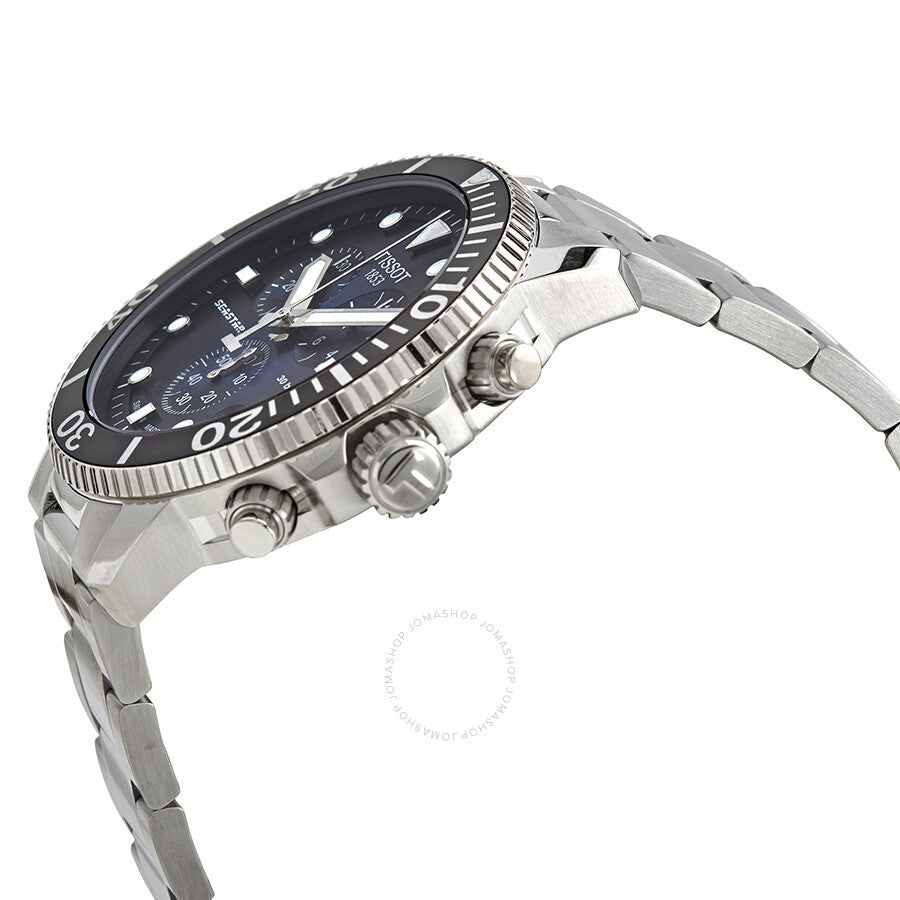 Side angle view of Tissot Seastar 1000 showing stainless steel case profile and chronograph pushers