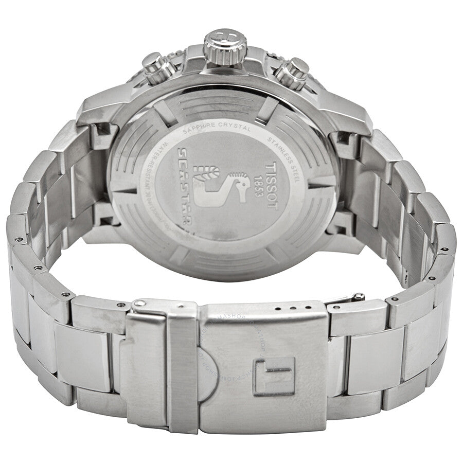 Caseback of Tissot Seastar 1000 showing stainless steel case and bracelet with deployment clasp