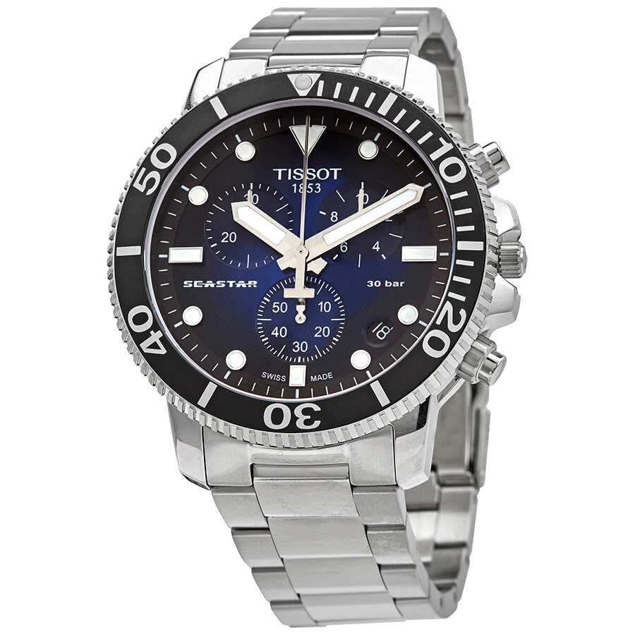 Tissot Seastar 1000 chronograph quartz men's watch with stainless steel case, black dial, blue subdials, and steel bracelet