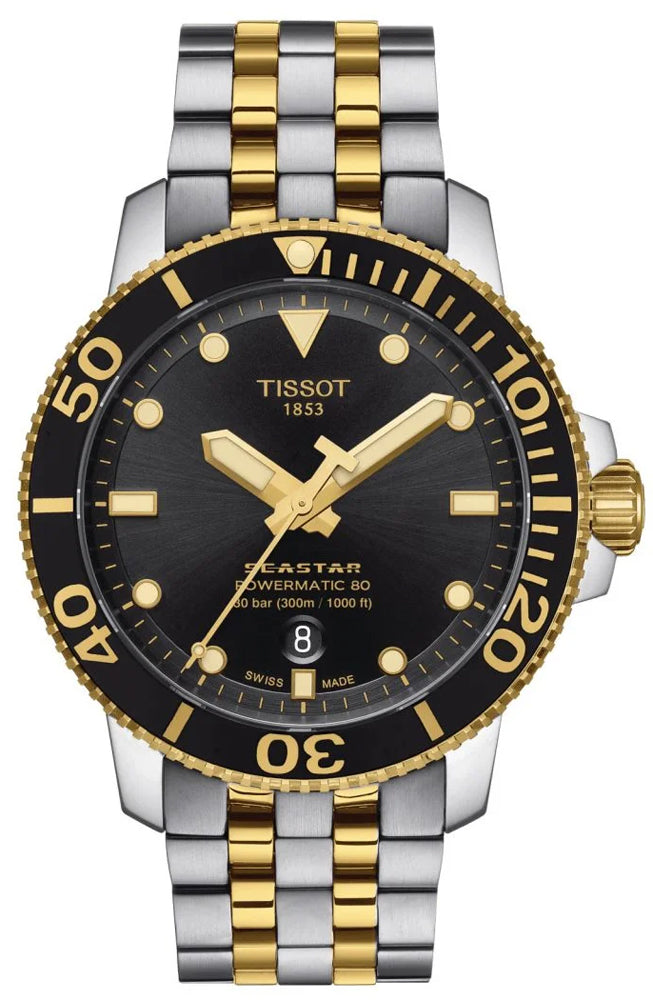 Tissot Seastar 1000 Powermatic 80 with black dial, two-tone steel and gold strap, gold hour markers and hands