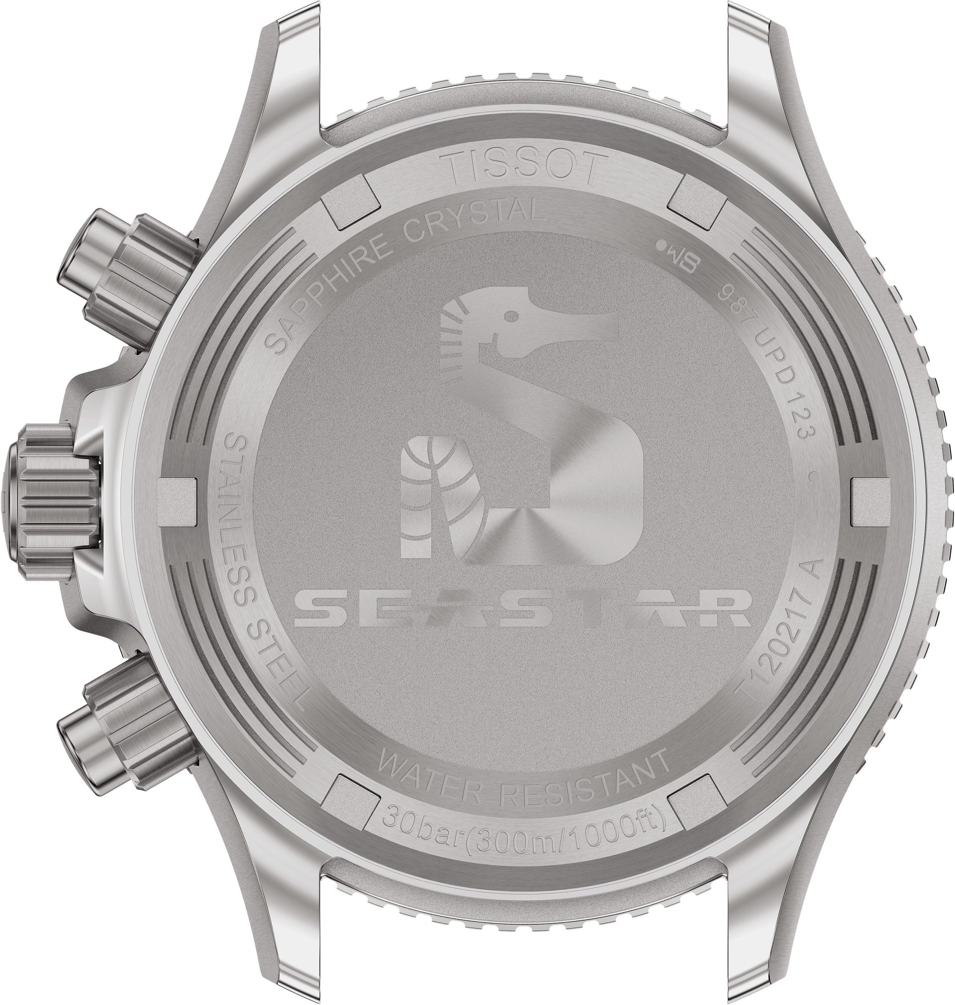 Tissot Seastar 1000 watch caseback with transparent crystal and engraved Seastar logo