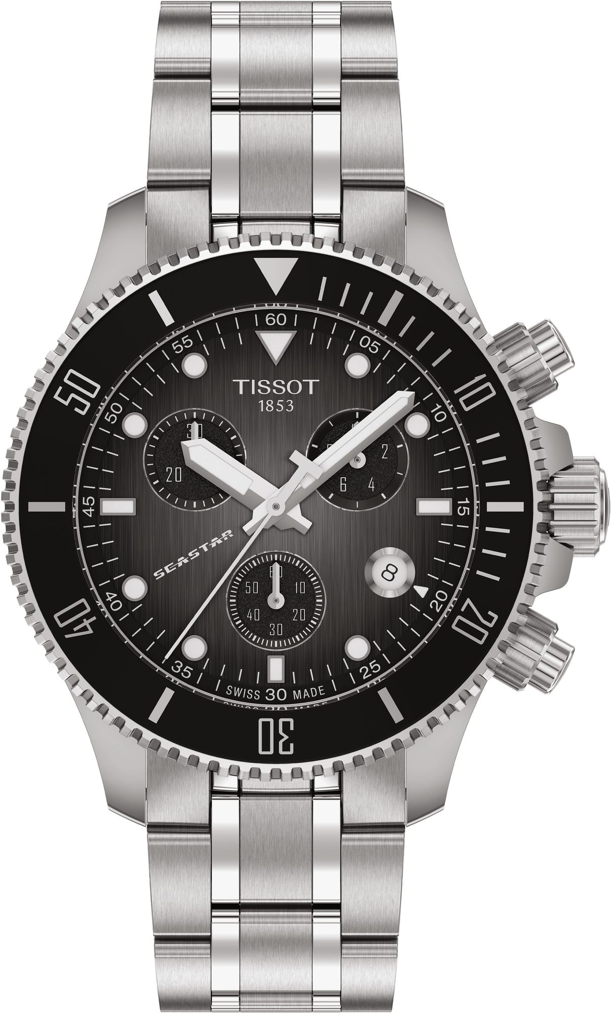Tissot Seastar 1000 chronograph watch with black dial and steel bracelet front view