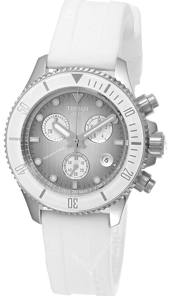 Tissot Seastar 1000 sports chronograph watch with gray dial and white strap