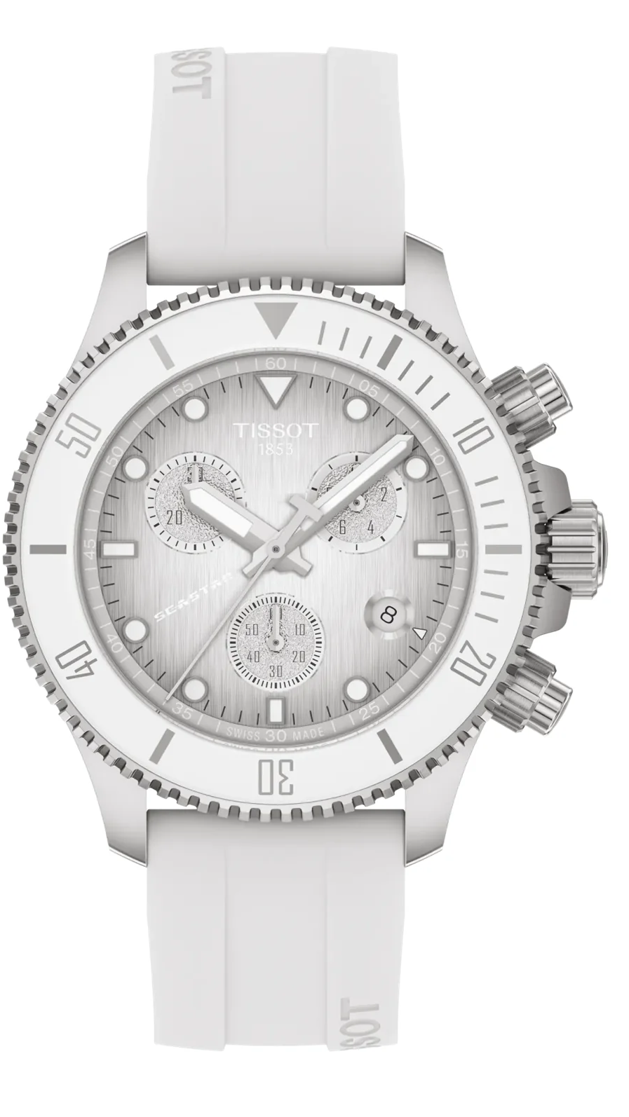 Tissot Seastar 1000 quartz chronograph with white dial and white silicone strap