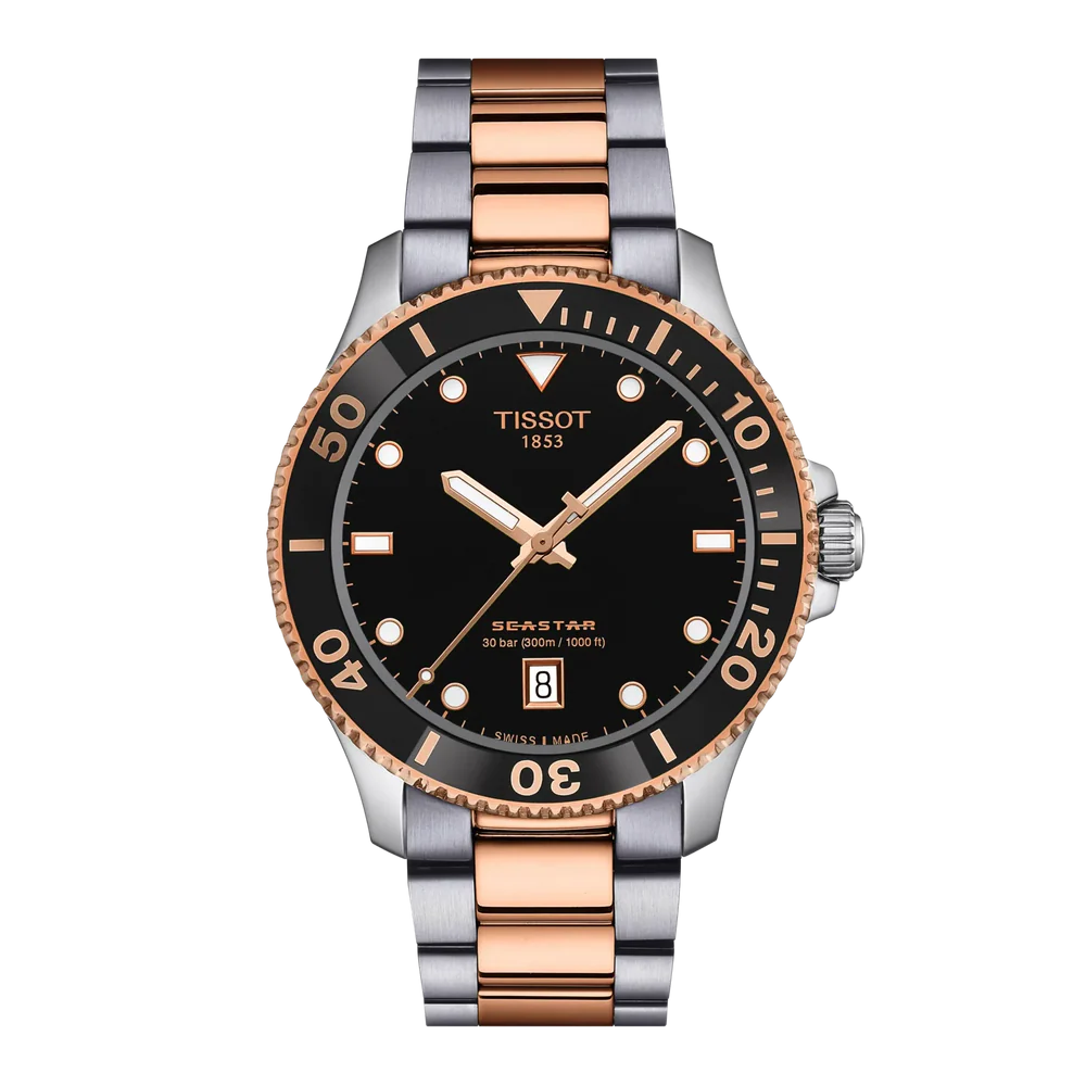 Tissot Seastar 1000 quartz watch with black dial and two-tone stainless steel and rose gold bracelet