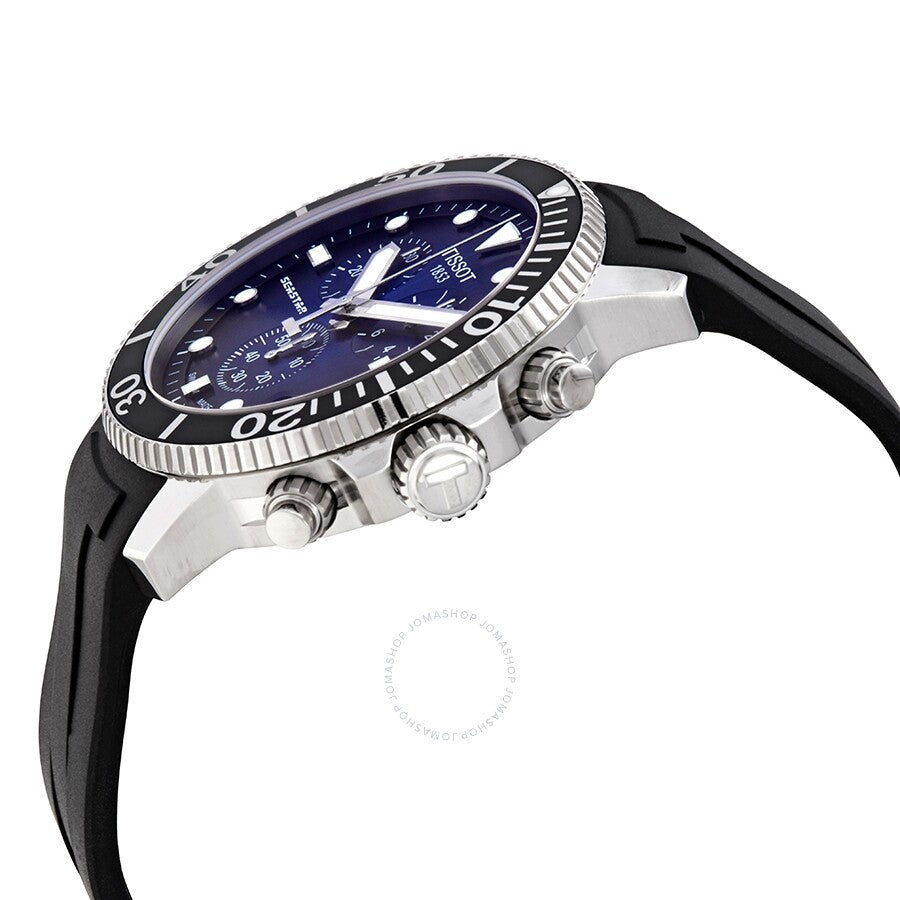 Side angle view of Tissot Seastar 1000 chronograph showing stainless steel case, chronograph pushers and black rubber strap