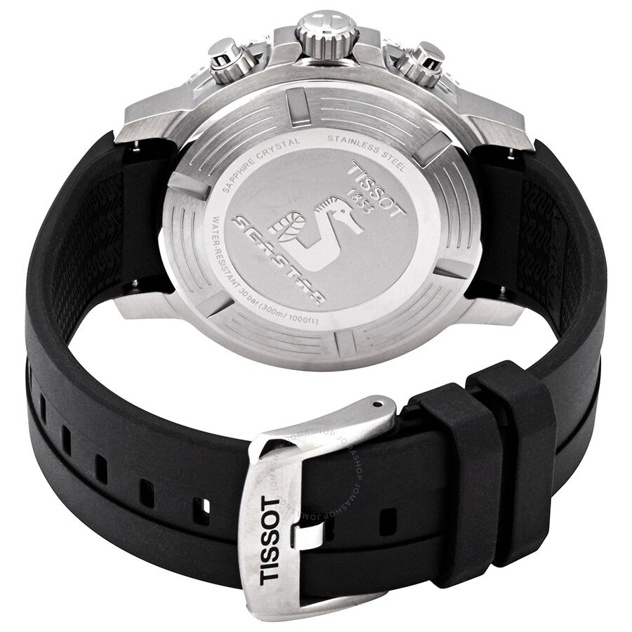 Caseback of Tissot Seastar 1000 showing stainless steel with Tissot branding and 1000m water resistance marking