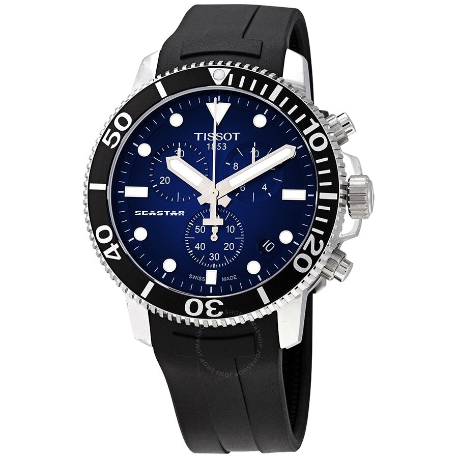 Tissot Seastar 1000 chronograph with blue dial, white hour markers, stainless steel case and black rubber strap