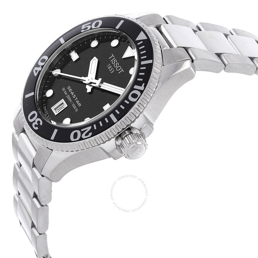 Tissot Seastar 1000 watch side view showing stainless steel bracelet and black bezel