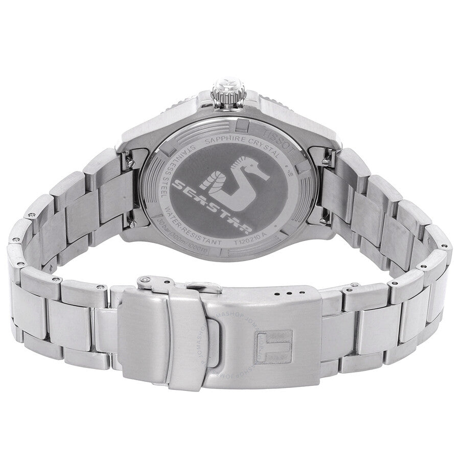 Tissot Seastar 1000 caseback showing stainless steel bracelet and deployment clasp