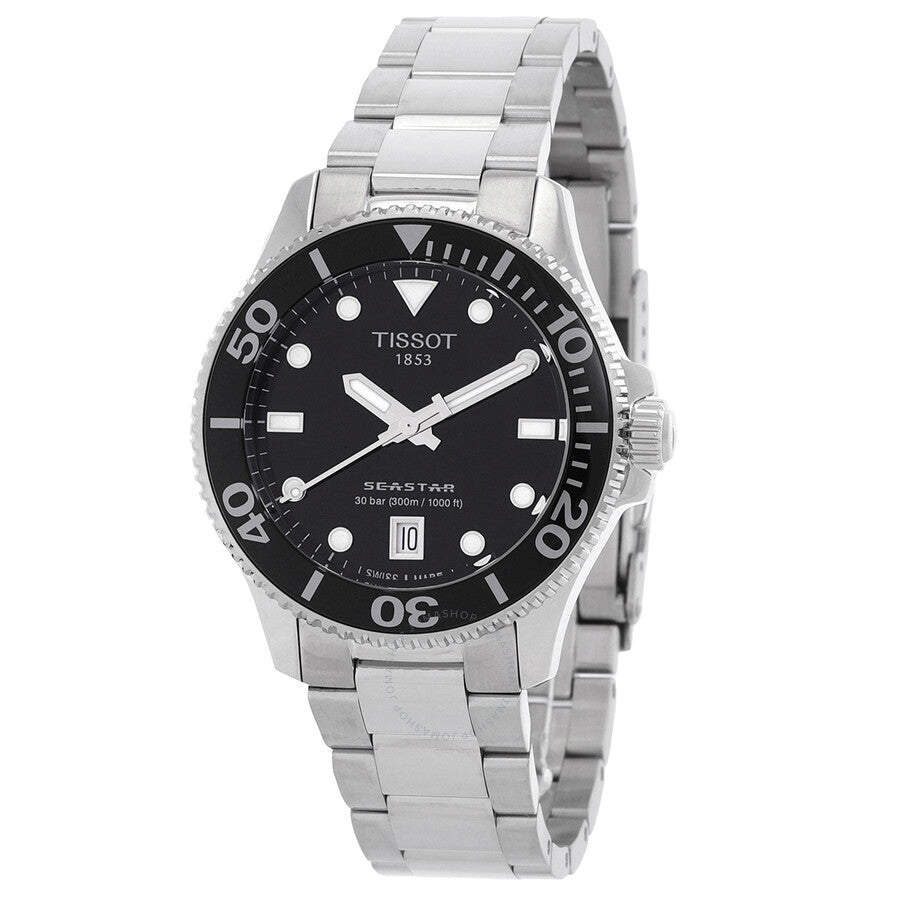 Tissot Seastar 1000 quartz watch with black dial, stainless steel case and bracelet