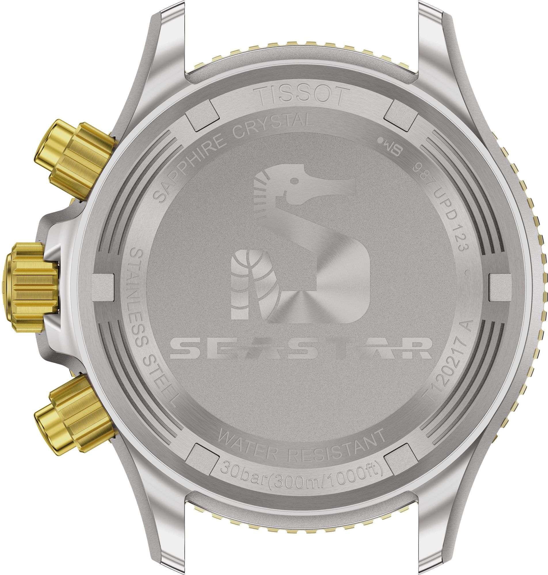 Tissot Seastar 1000 watch transparent caseback detail with Seastar branding and specifications