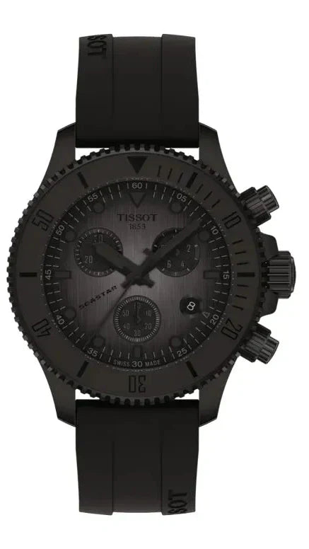 Tissot Seastar 1000 chronograph black dial watch with black rubber strap