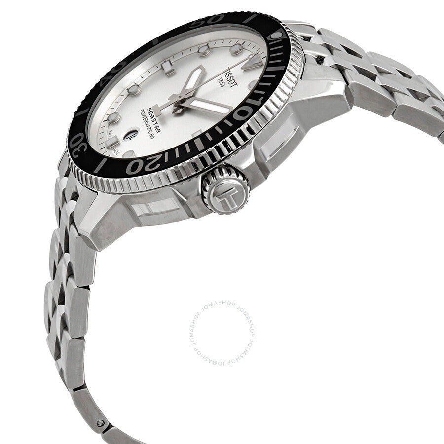Tissot Seastar 1000 watch angled side view showing black unidirectional bezel and stainless steel bracelet