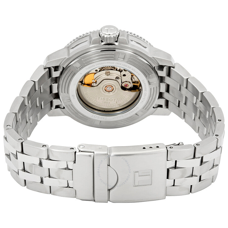 Tissot Seastar 1000 caseback showing automatic movement and stainless steel bracelet clasp