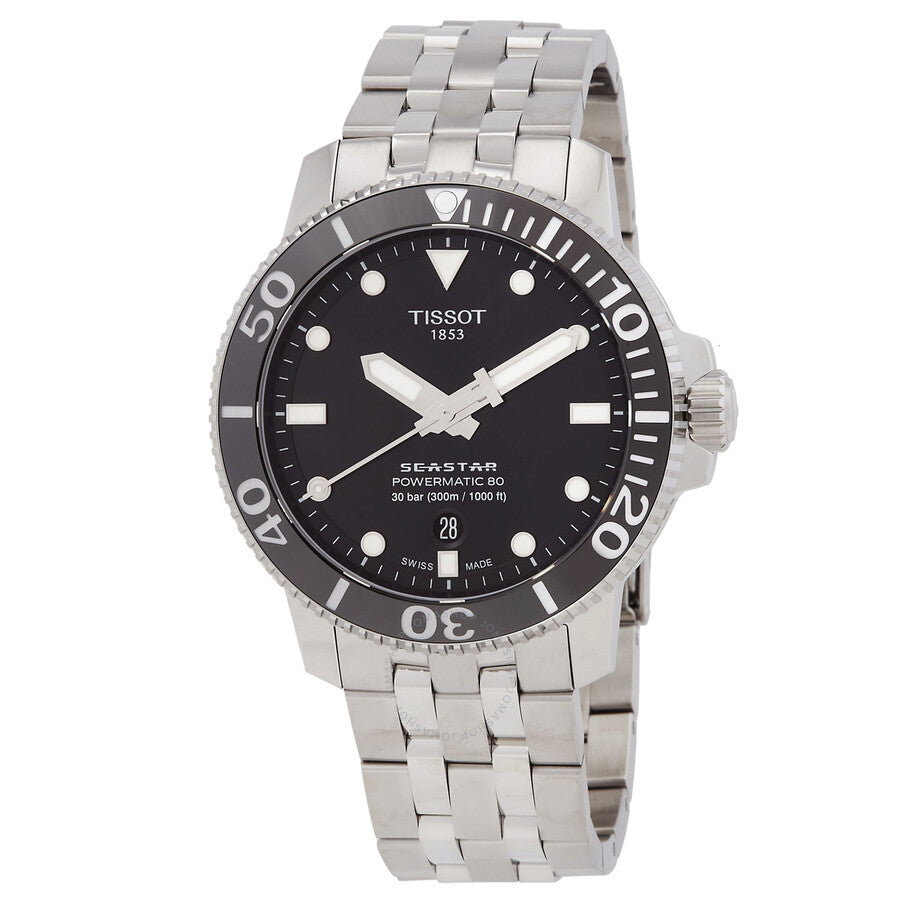Tissot Seastar 1000 automatic men's watch with black dial and stainless steel bracelet