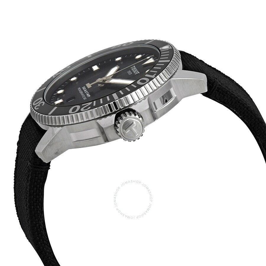 Side view of Tissot Seastar 1000 showing stainless steel case and black textile strap