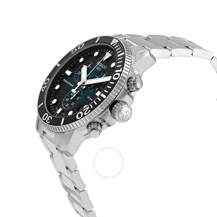 Tissot Seastar Chronograph side angle view showing stainless steel case and bracelet