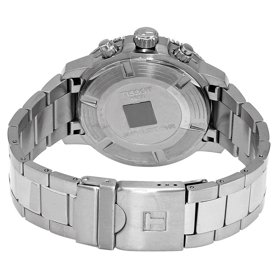 Tissot Seastar Chronograph caseback showing stainless steel back cover and bracelet