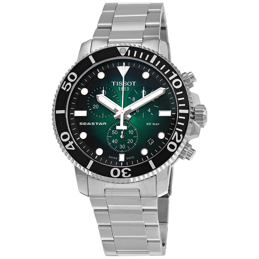 Tissot Seastar Chronograph quartz men's watch with green dial and stainless steel bracelet