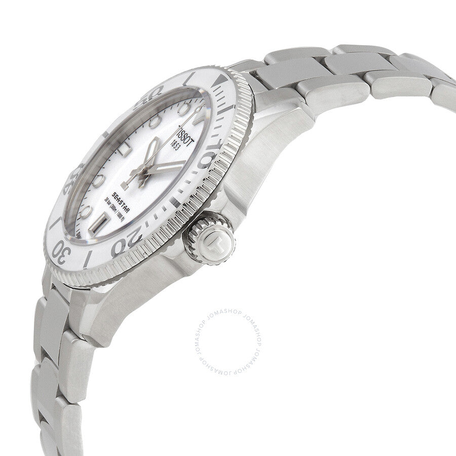 Tissot Seastar Quartz watch side angle view showing white dial and stainless steel bracelet