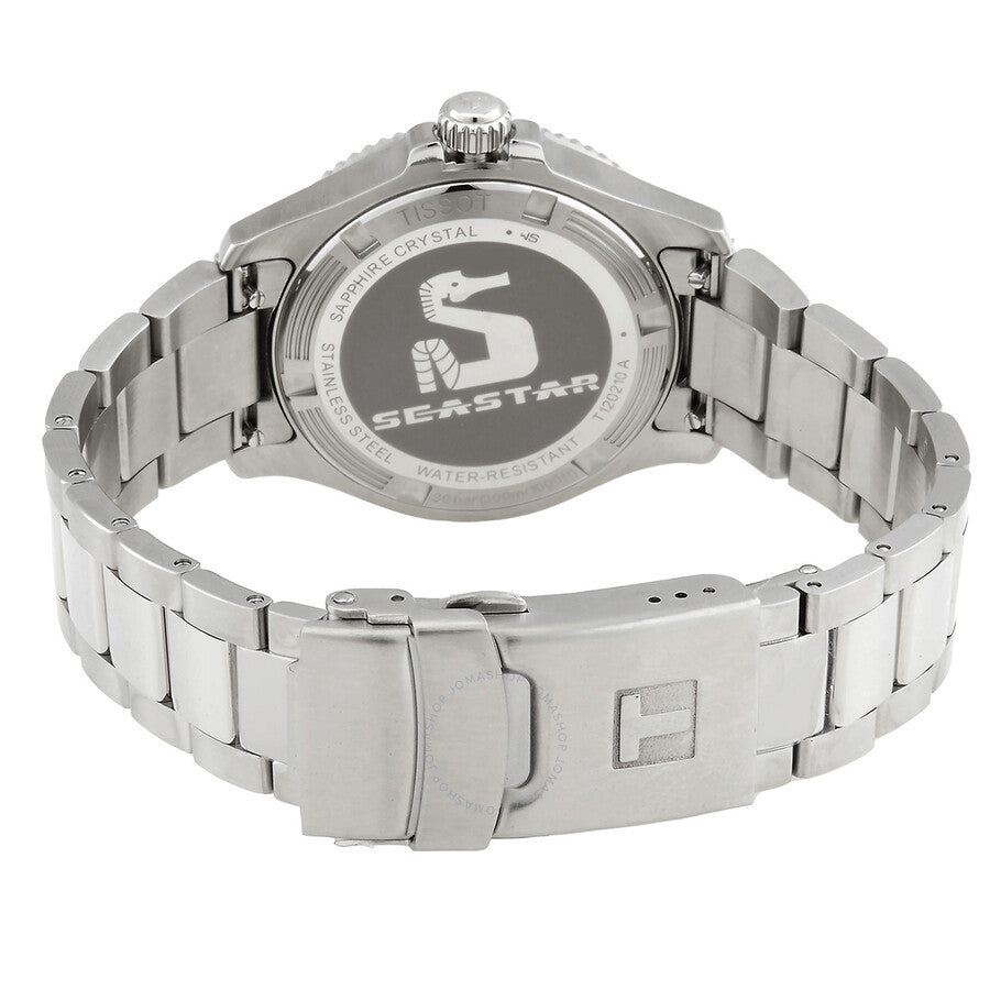 Tissot Seastar Quartz watch caseback view showing stainless steel bracelet and deployment clasp