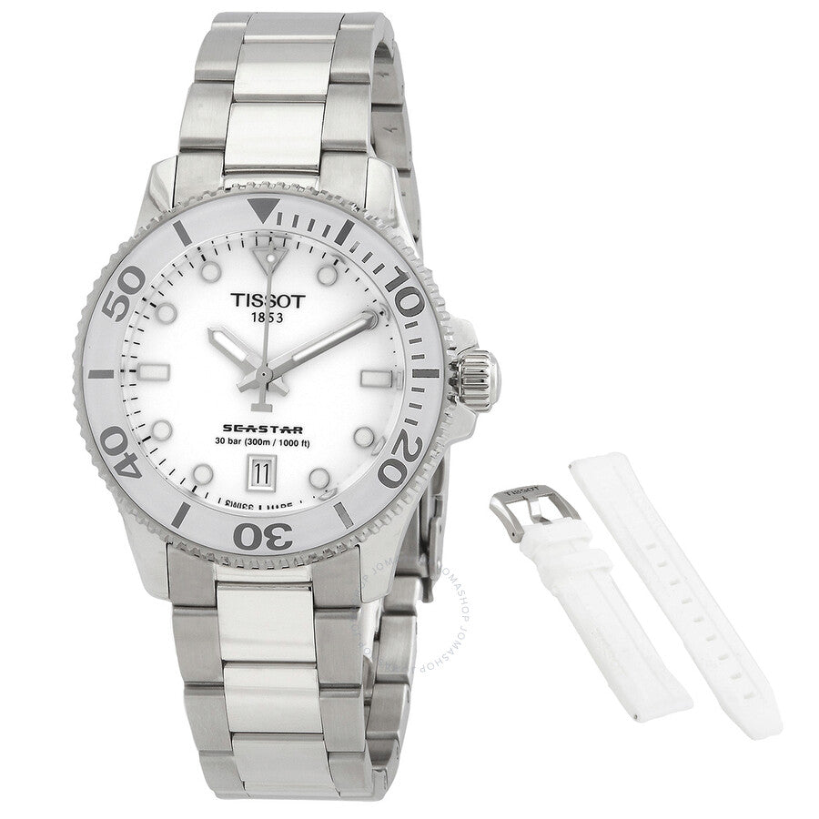 Tissot Seastar Quartz white dial stainless steel men's watch with matching bracelet and white strap