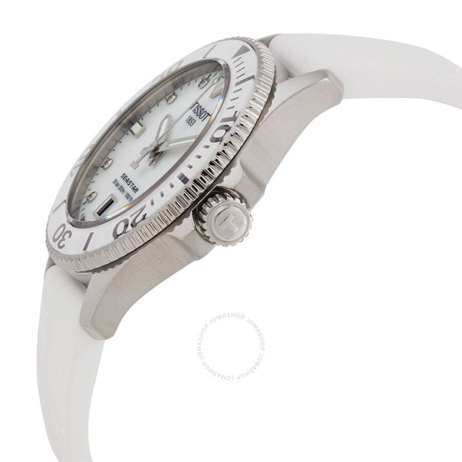 Tissot Seastar watch side view showing rotating bezel and white rubber strap with stainless steel case