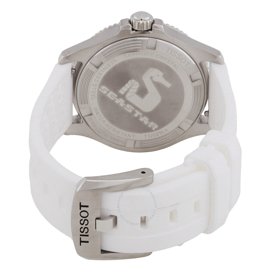 Tissot Seastar watch caseback showing Seastar branding and white rubber strap with deployment clasp