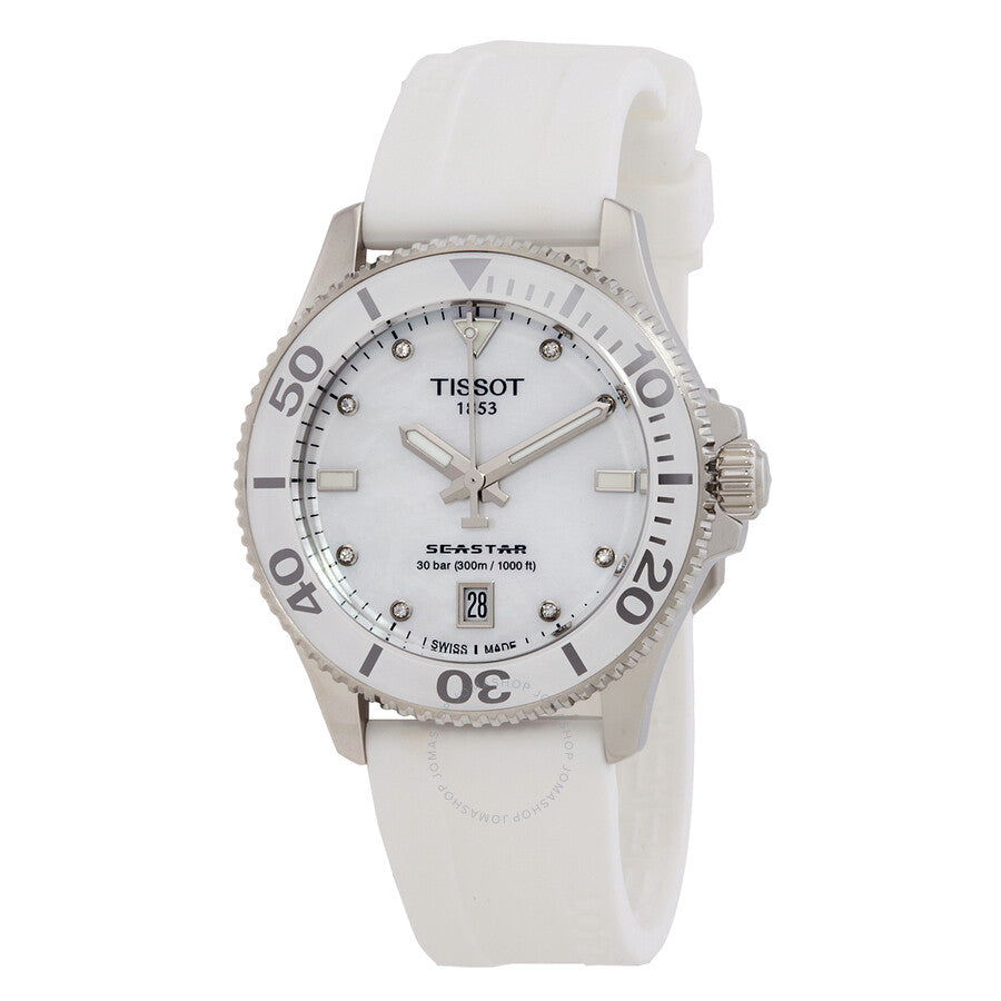 Tissot Seastar quartz watch white mother of pearl dial with diamond indices and white rubber strap