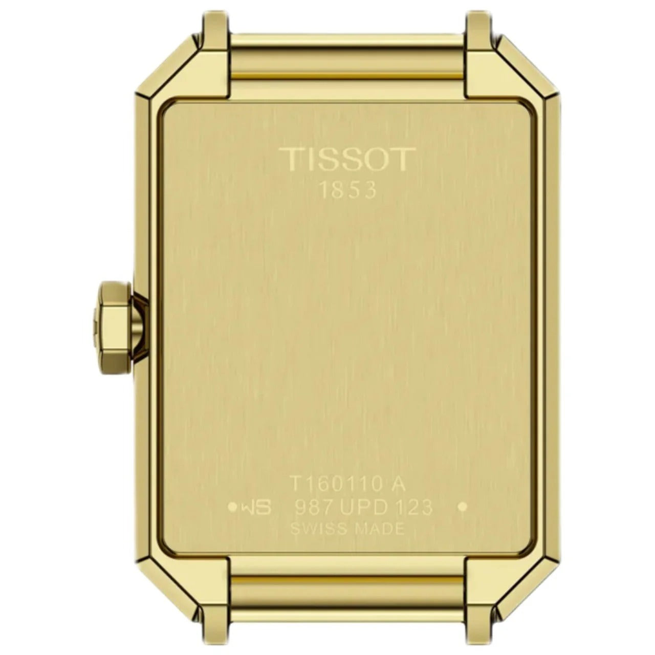 Tissot SRV caseback showing brushed yellow gold with Tissot 1853 branding, movement reference, and Swiss Made marking