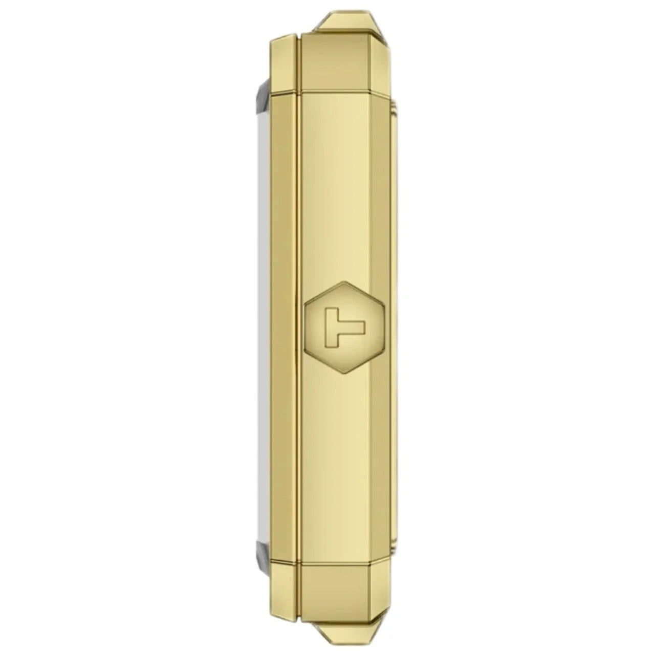 Tissot SRV watch side profile view showing yellow gold rectangular case with T logo and crown