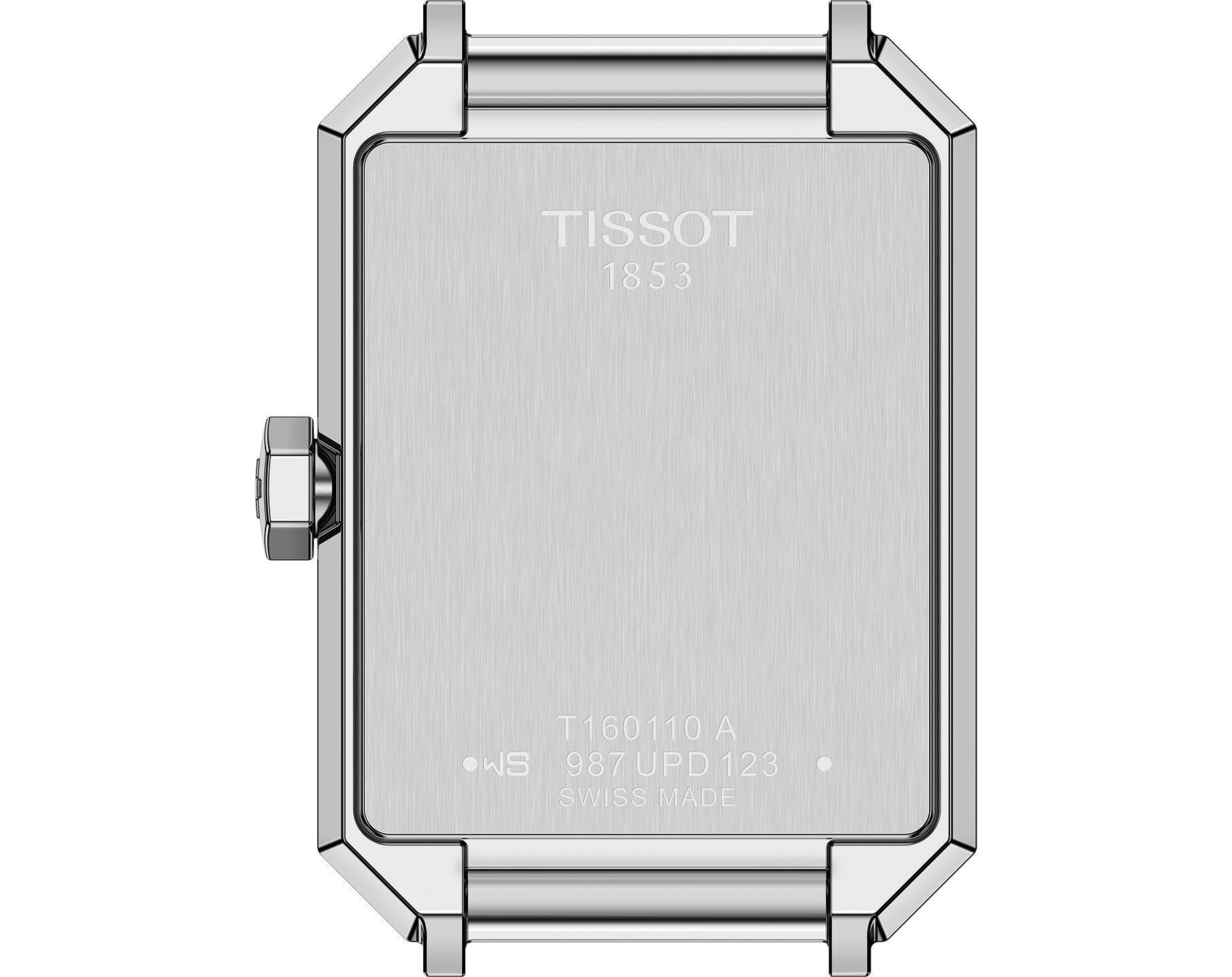 Tissot caseback engraved with brand name, model number T160110.A, and specifications