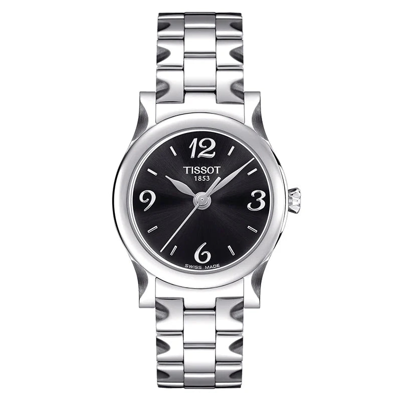 Tissot Stylis-T women's watch with black dial and stainless steel bracelet
