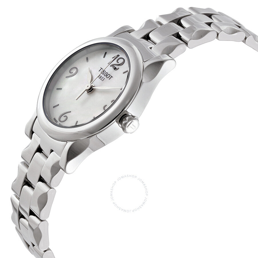 Tissot Stylis-T watch displayed at angle showing stainless steel bracelet
