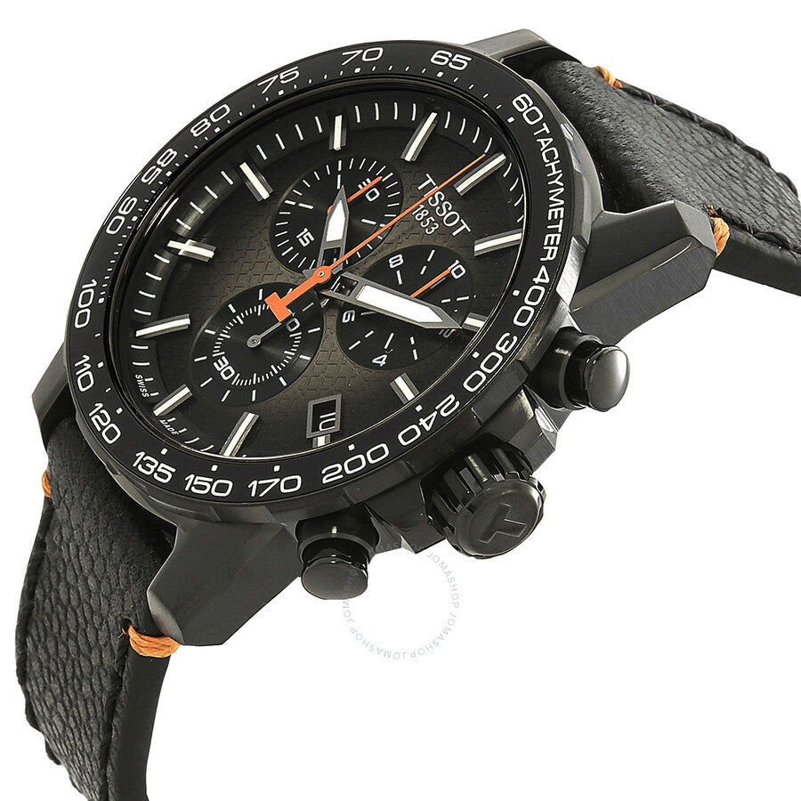 Tissot Supersport Chrono Basketball Edition watch on black leather strap showing side profile with tachymeter bezel