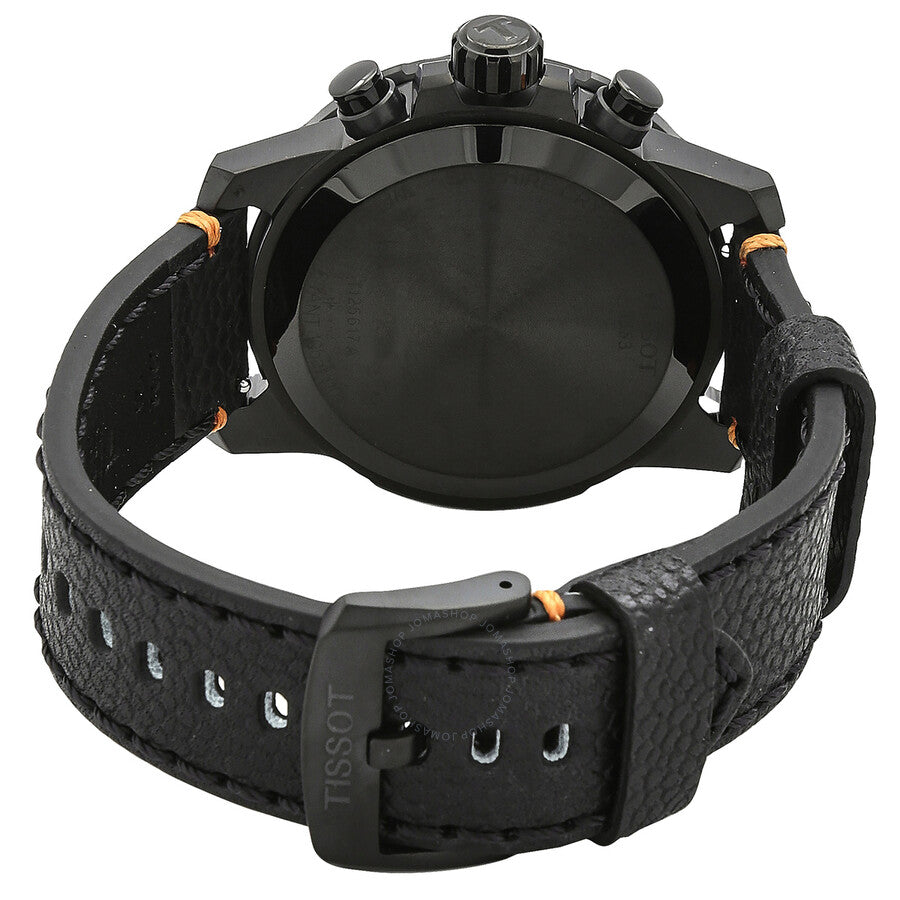 Tissot Supersport Chrono Basketball Edition watch caseback with black leather strap and orange accent stitching