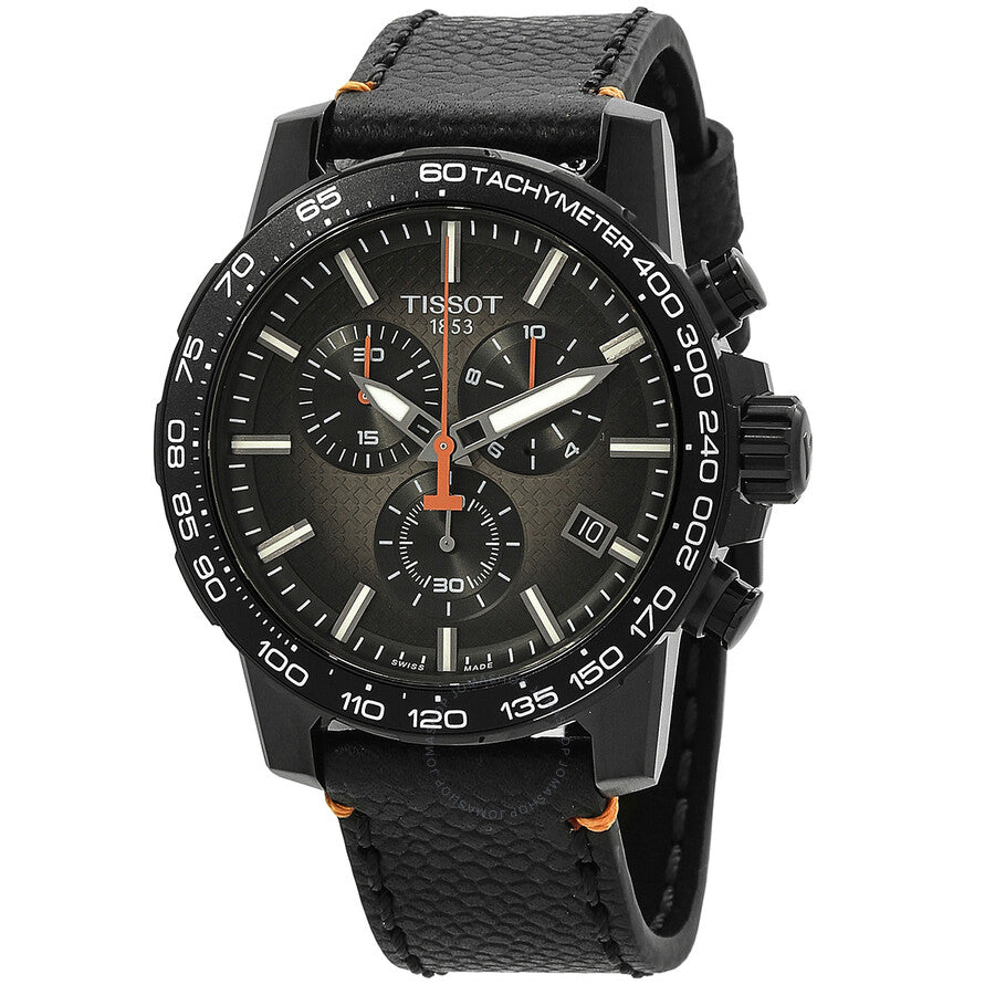 Tissot Supersport Chrono Basketball Edition chronograph watch with black dial and orange hands on black leather strap
