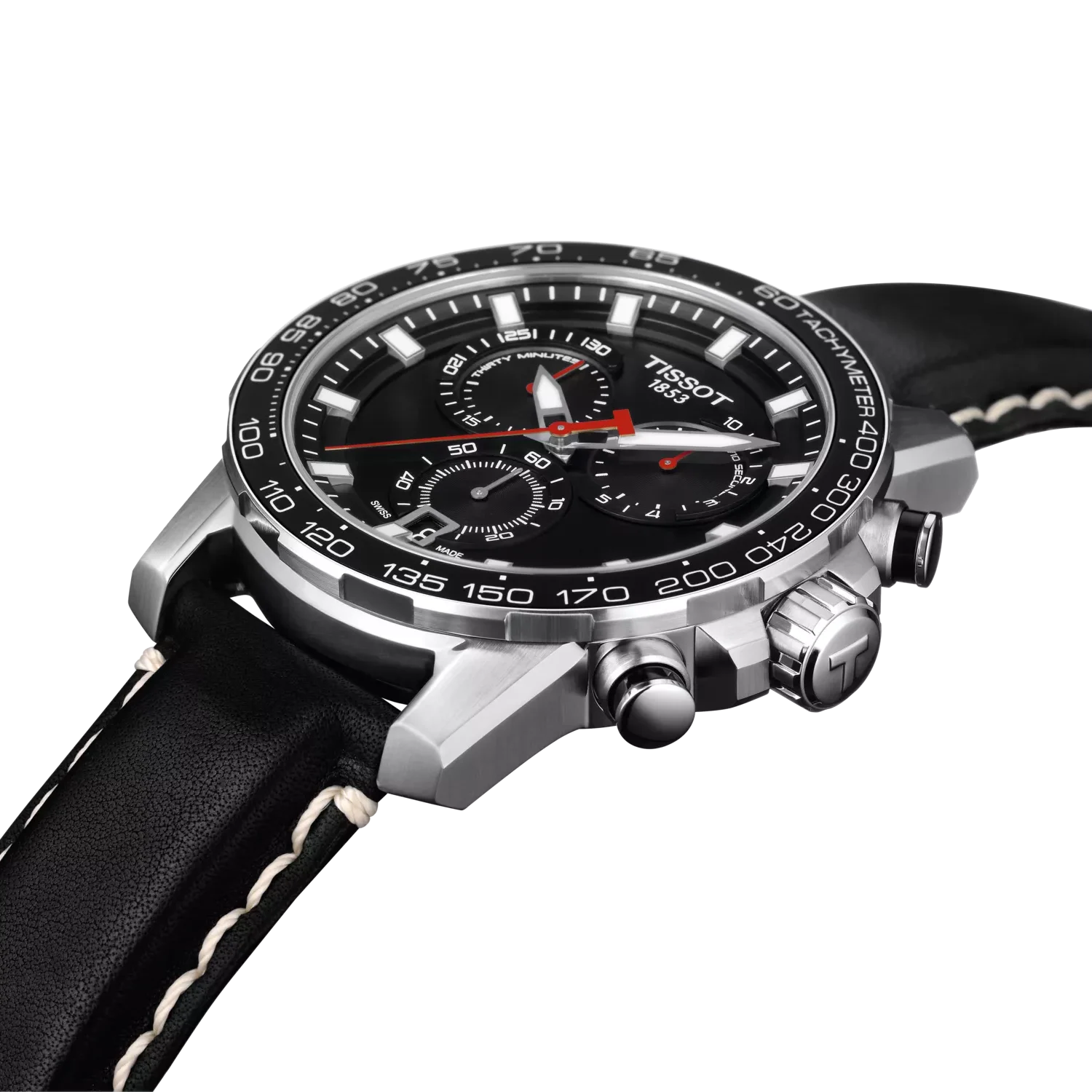 Tissot SuperSport Chronograph dial detail showing chronograph subdials, hands, and tachymeter scale