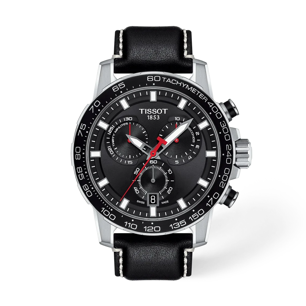 Tissot SuperSport Chronograph black dial watch with stainless steel case and black leather strap