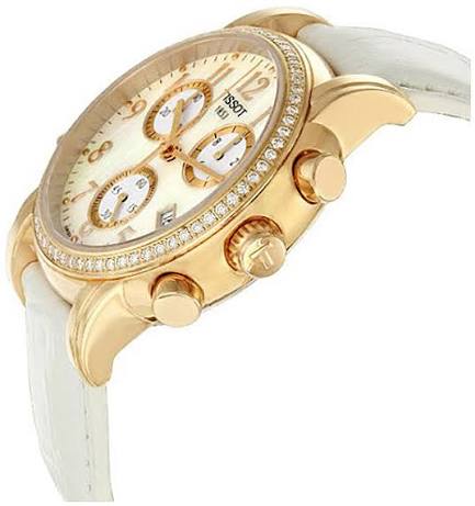 Tissot Dressport chronograph angled view showing rose gold case and white leather strap